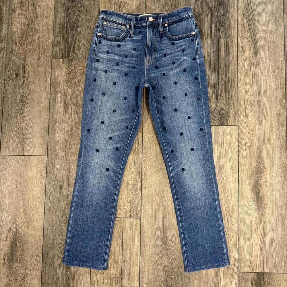 Madewell High-Rise Slim Boyjean Blue Floral Embroidered Scallop Jeans 25 J5522